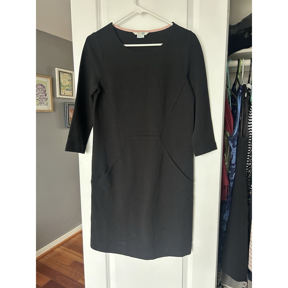 Boden Bronte Ottoman Ribbed Midi Sheath Dress V-neck 3/4 Sleeve Black Size 6